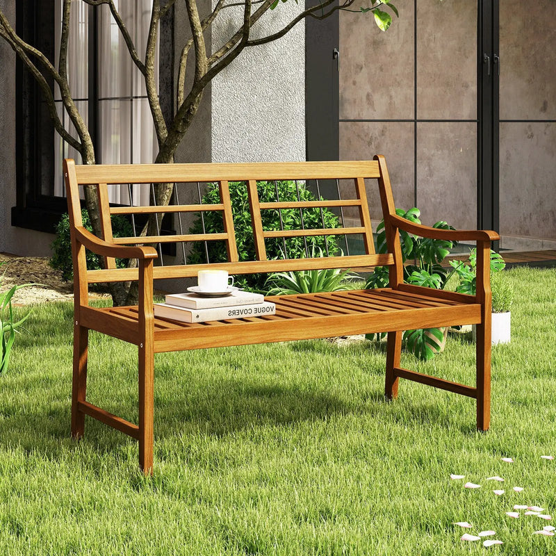 Patio Acacia Wood Bench with Curved Armrests Slatted Seat and Backrest by DirectDeals