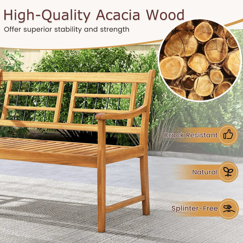 Patio Acacia Wood Bench with Curved Armrests Slatted Seat and Backrest by DirectDeals