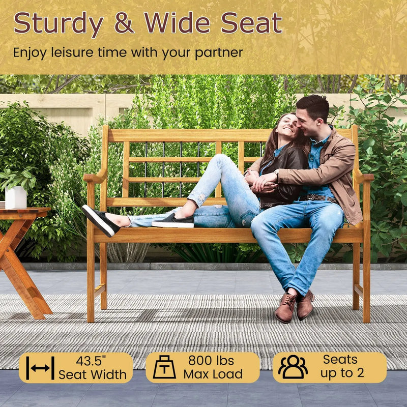 Patio Acacia Wood Bench with Curved Armrests Slatted Seat and Backrest by DirectDeals