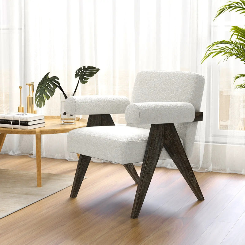 Upholstered Armchair with Natural Rubber Wood Legs and Sponge Padded Seat-White by DirectDeals