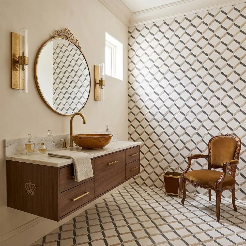 Champagne, Seashell, Bosphorus Honed Steps 3d Limestone Mosaics 14 9/16x14 15/16 by Stonetiledepot