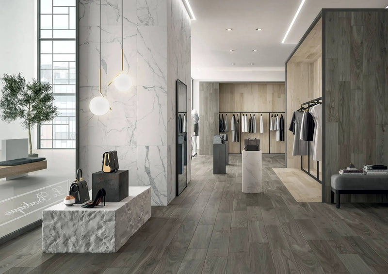 True Contemporary White Wood Look Porcelain Tiles 8x40 by landmarkceramics