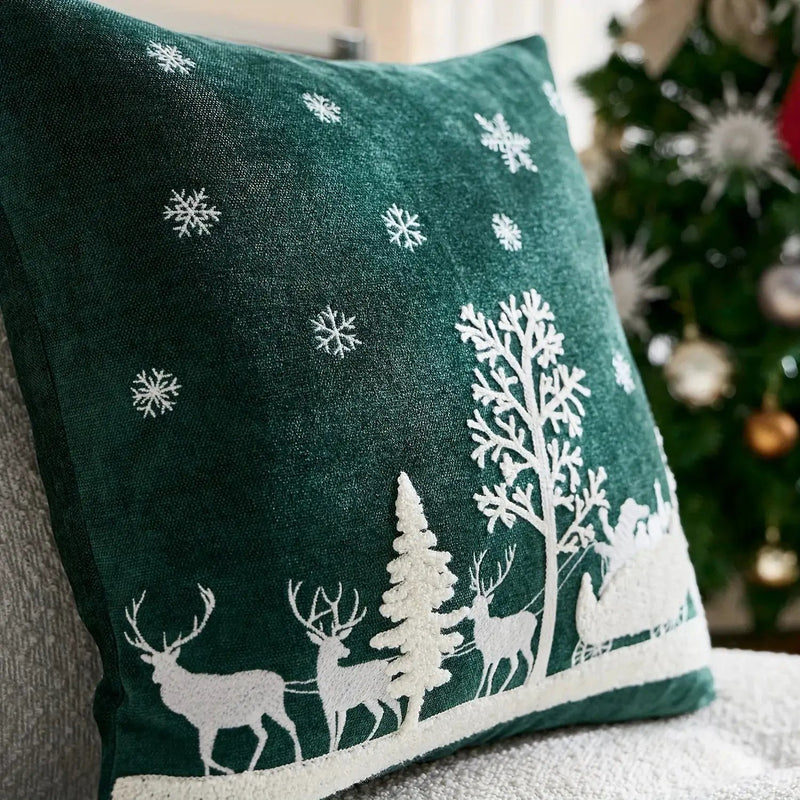 Chenille Christmas Pillowcase with Embroidered Santa Sled Design by House Of Avana