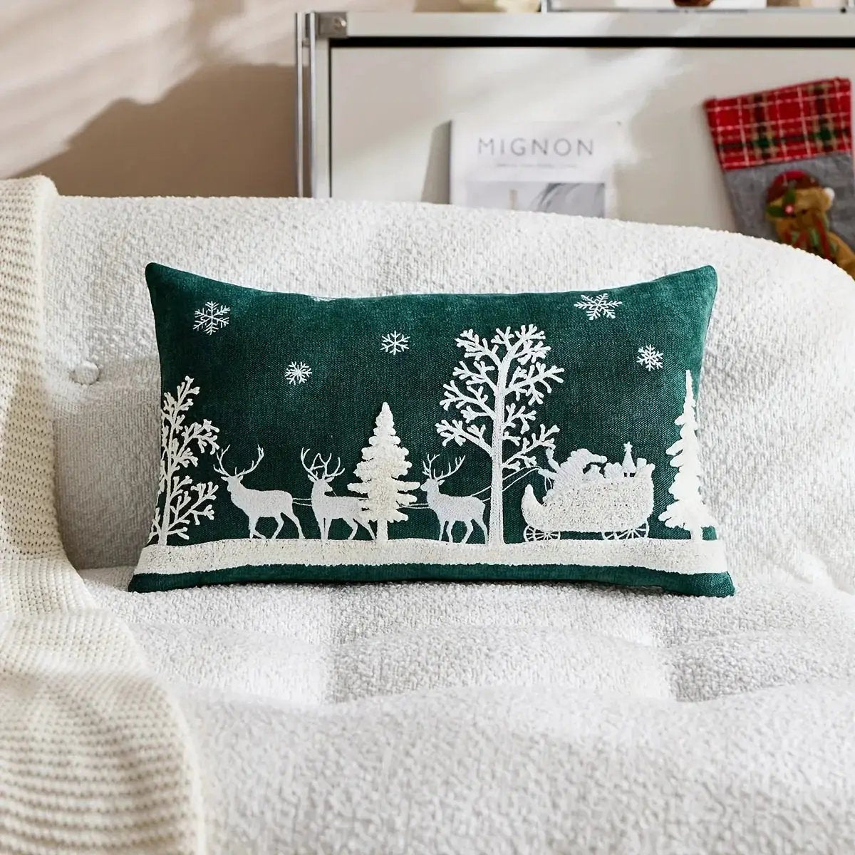 Chenille Christmas Pillowcase with Embroidered Santa Sled Design by House Of Avana