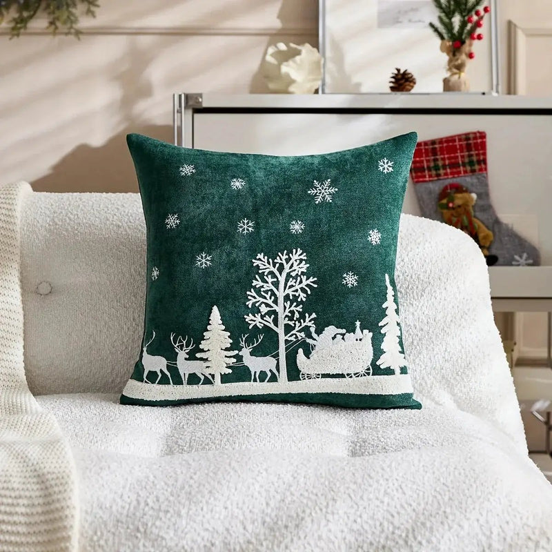 Chenille Christmas Pillowcase with Embroidered Santa Sled Design by House Of Avana