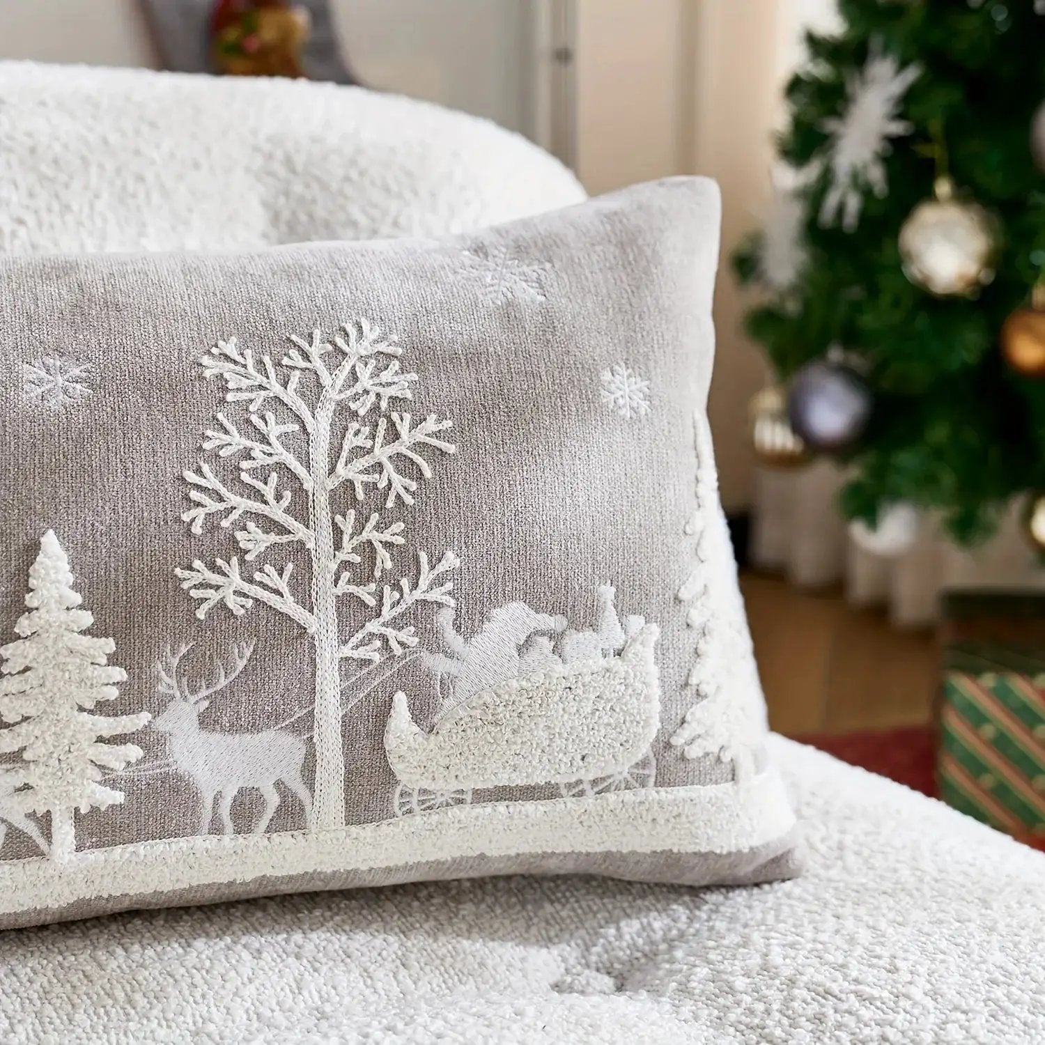 Chenille Christmas Pillowcase with Embroidered Santa Sled Design by House Of Avana