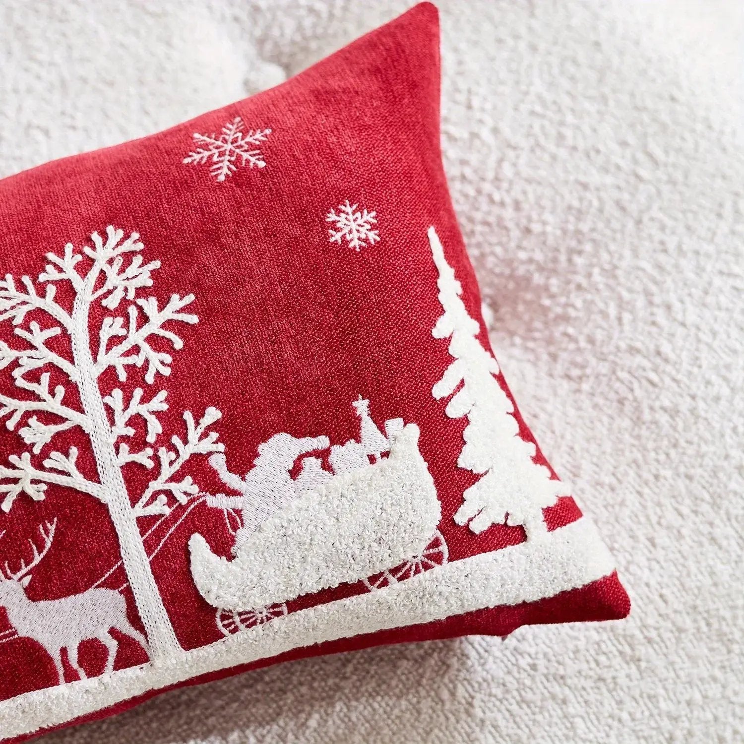 Chenille Christmas Pillowcase with Embroidered Santa Sled Design by House Of Avana