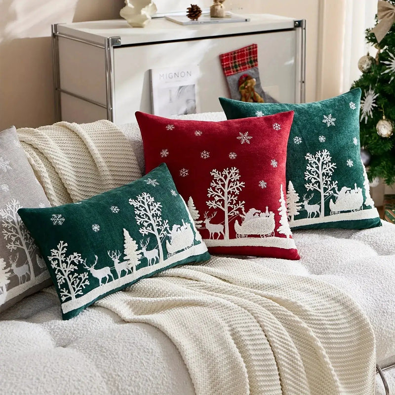 Chenille Christmas Pillowcase with Embroidered Santa Sled Design by House Of Avana