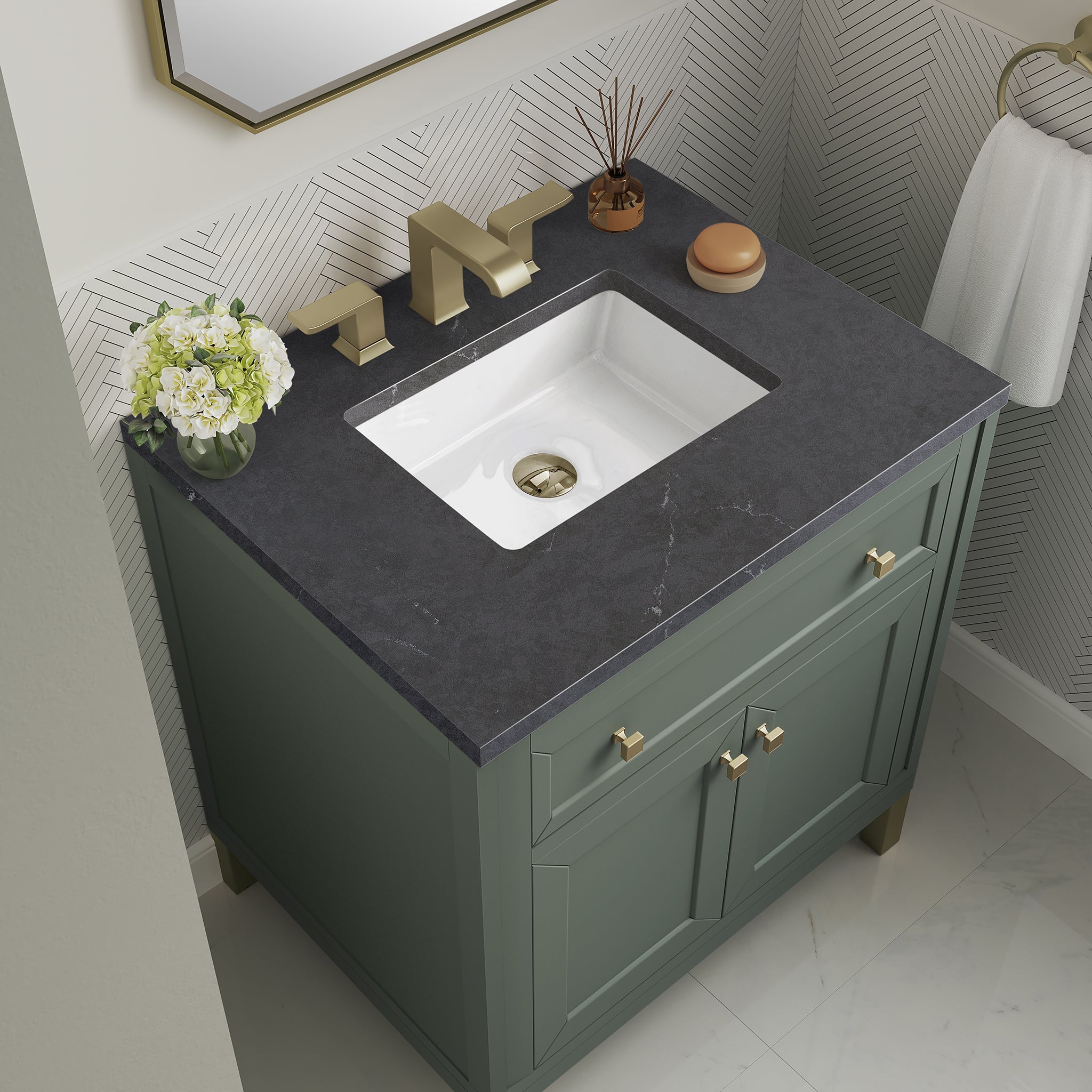 James Martin Chicago 30" Single Bathroom Vanity, Smokey Celadon with Charcoal Soapstone countertop