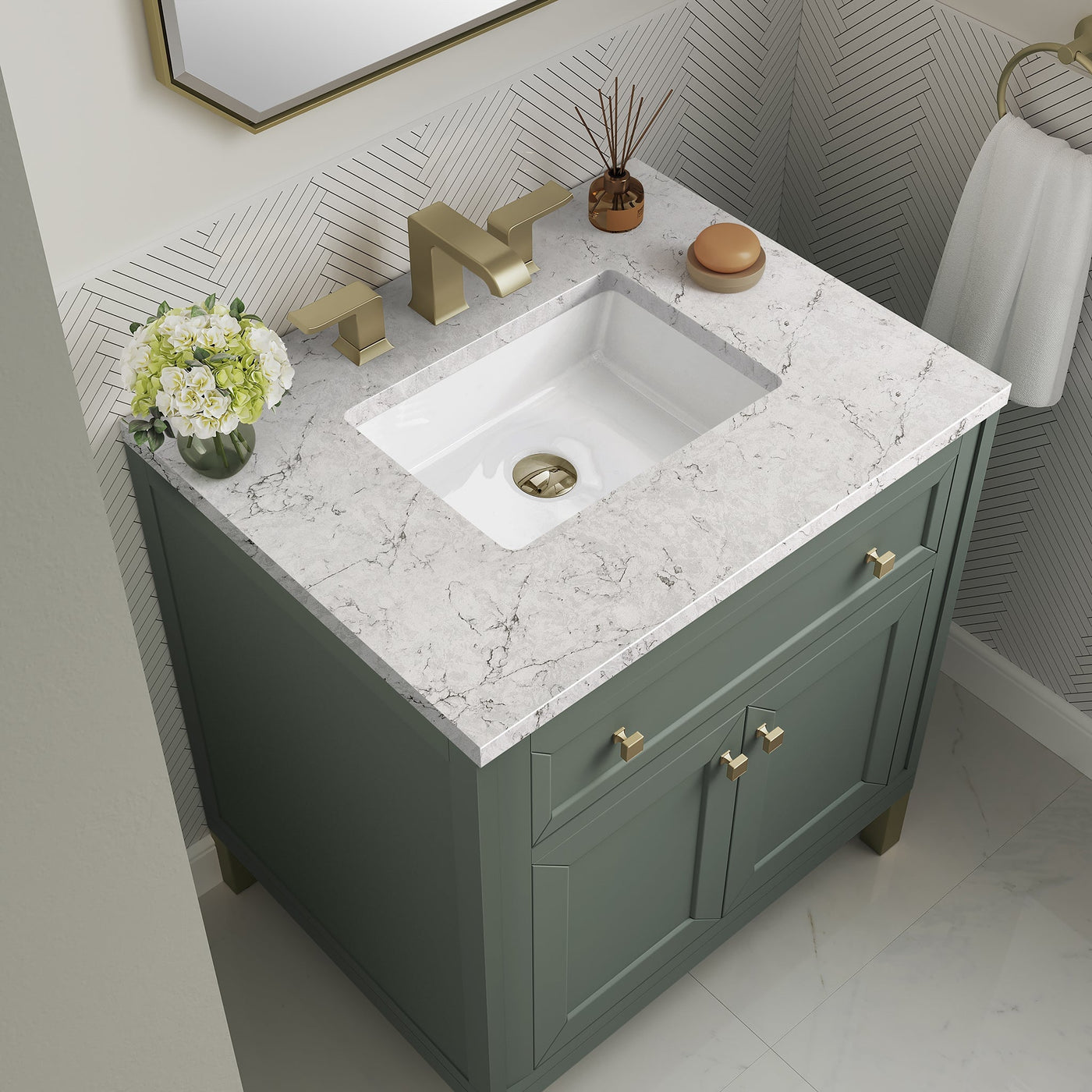 James Martin Chicago 30" Single Bathroom Vanity, Smokey Celadon with Eternal Jasmine Pearl countertop