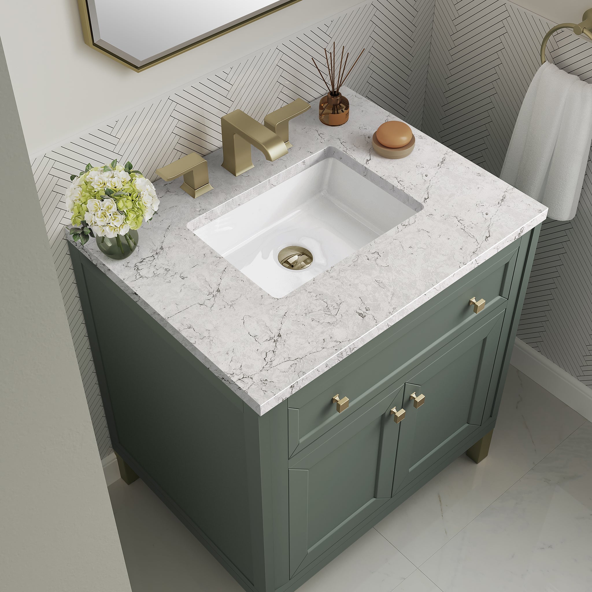 James Martin Chicago 30" Single Bathroom Vanity, Smokey Celadon with Eternal Jasmine Pearl countertop