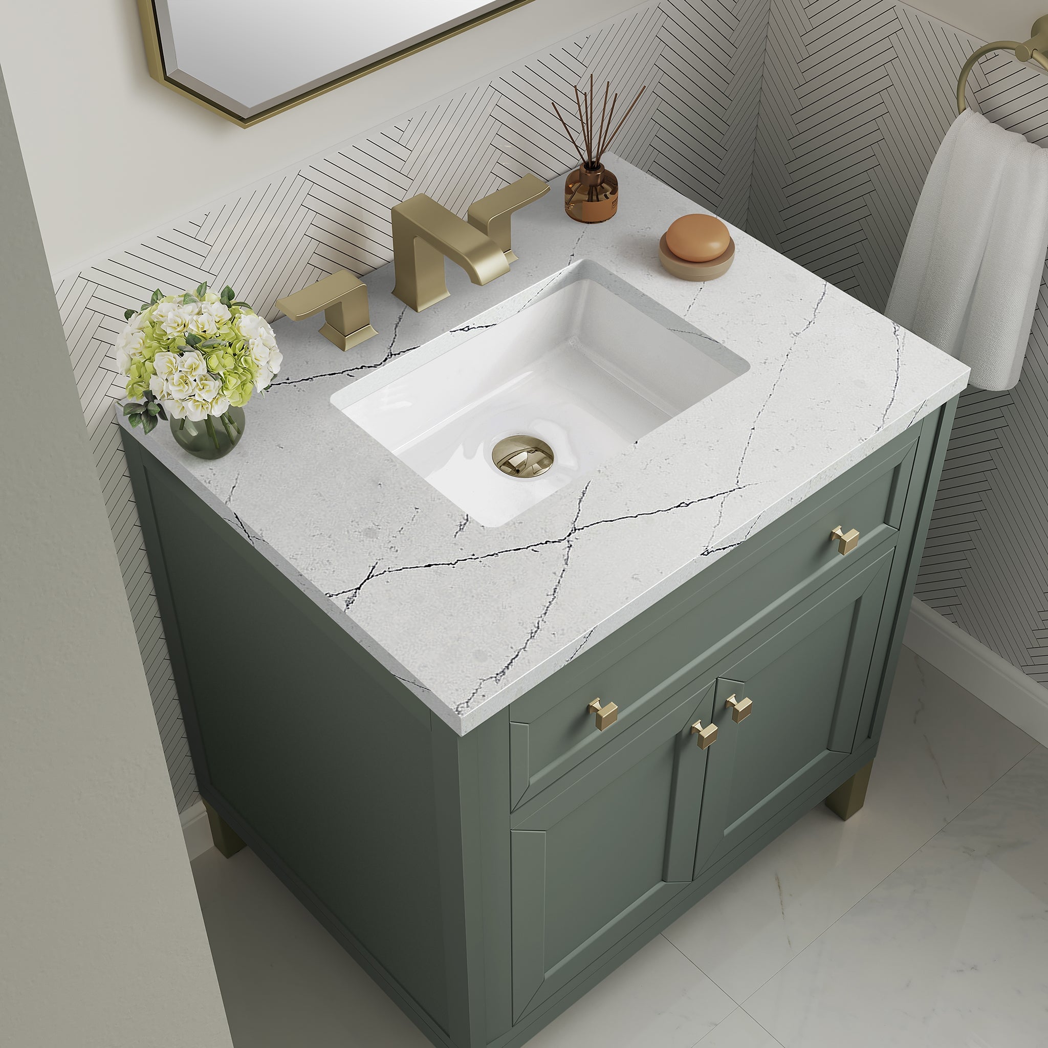 James Martin Chicago 30" Single Bathroom Vanity, Smokey Celadon with Ethereal Noctis countertop
