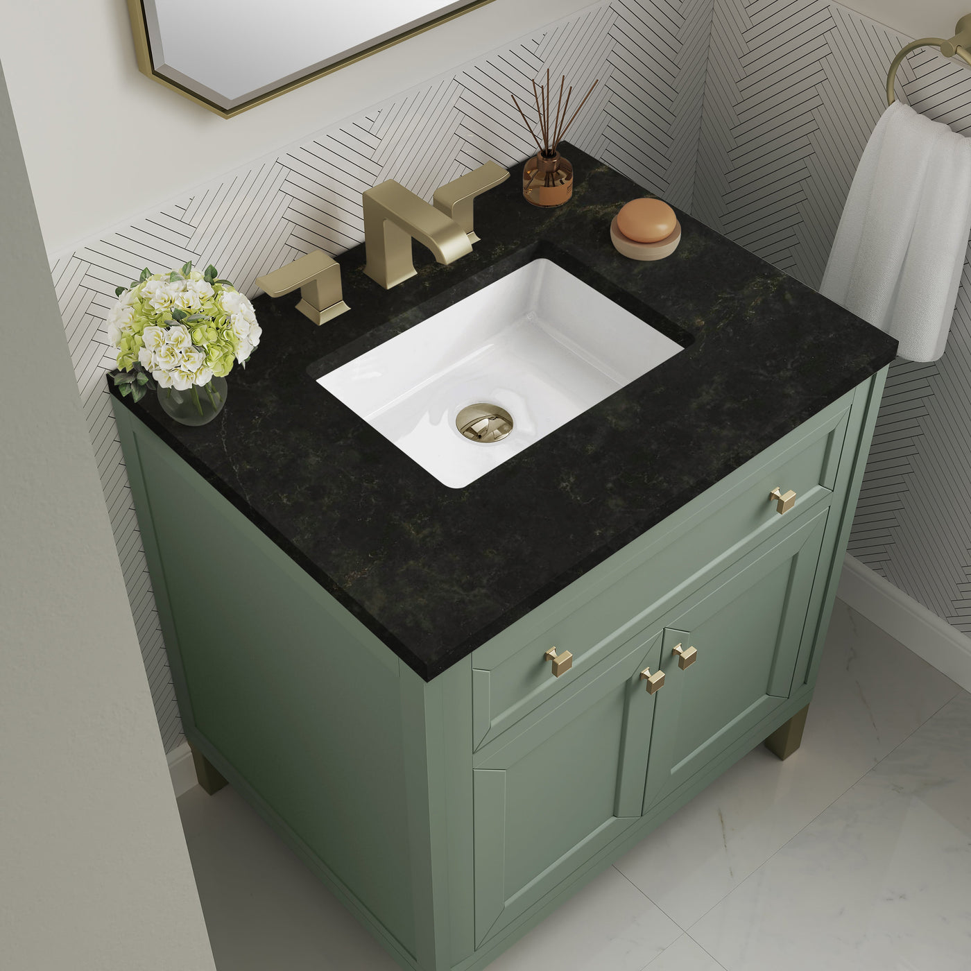 James Martin Chicago 30" Single Bathroom Vanity, Smokey Celadon with Phantome countertop