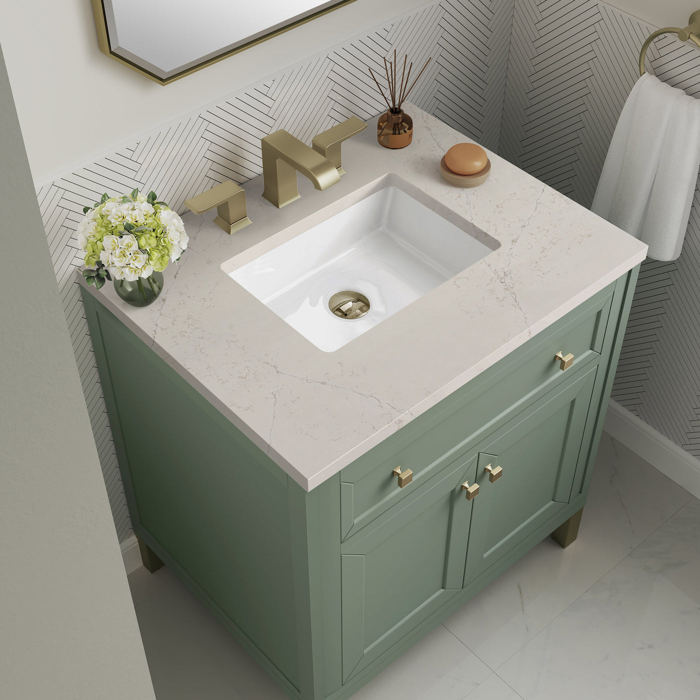 James Martin Chicago 30" Single Bathroom Vanity, Smokey Celadon with Siberian countertop