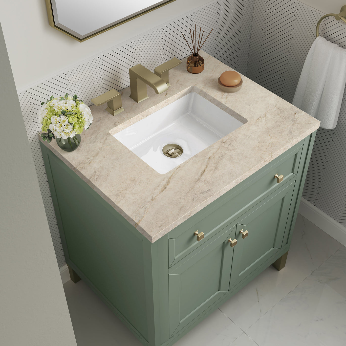 James Martin Chicago 30" Single Bathroom Vanity, Smokey Celadon with Tajnar countertop