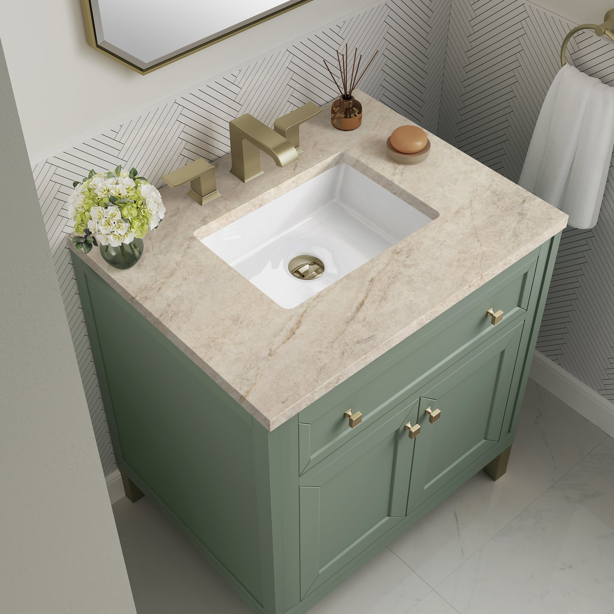 James Martin Chicago 30" Single Bathroom Vanity, Smokey Celadon with Tajnar countertop