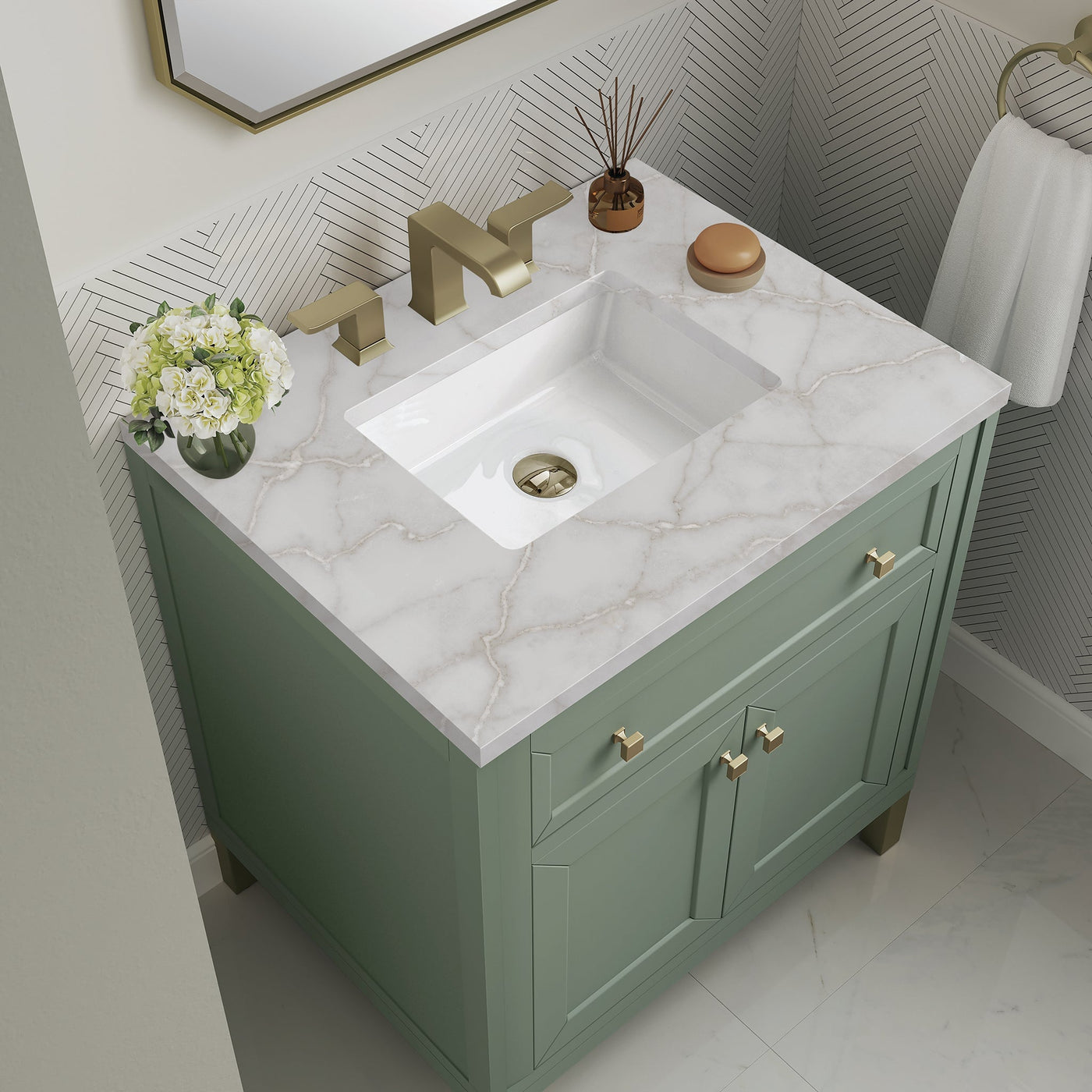 James Martin Chicago 30" Single Bathroom Vanity, Smokey Celadon with Victorian Silver countertop
