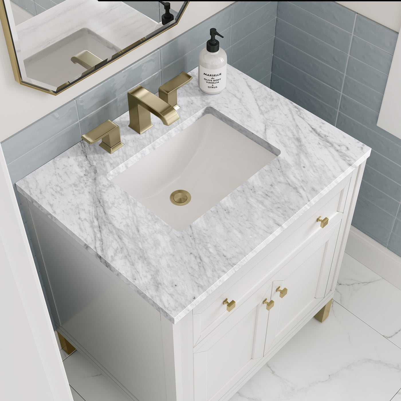 James Martin Chicago 30" Single Bathroom Vanity, Glossy White with Carrara White countertop