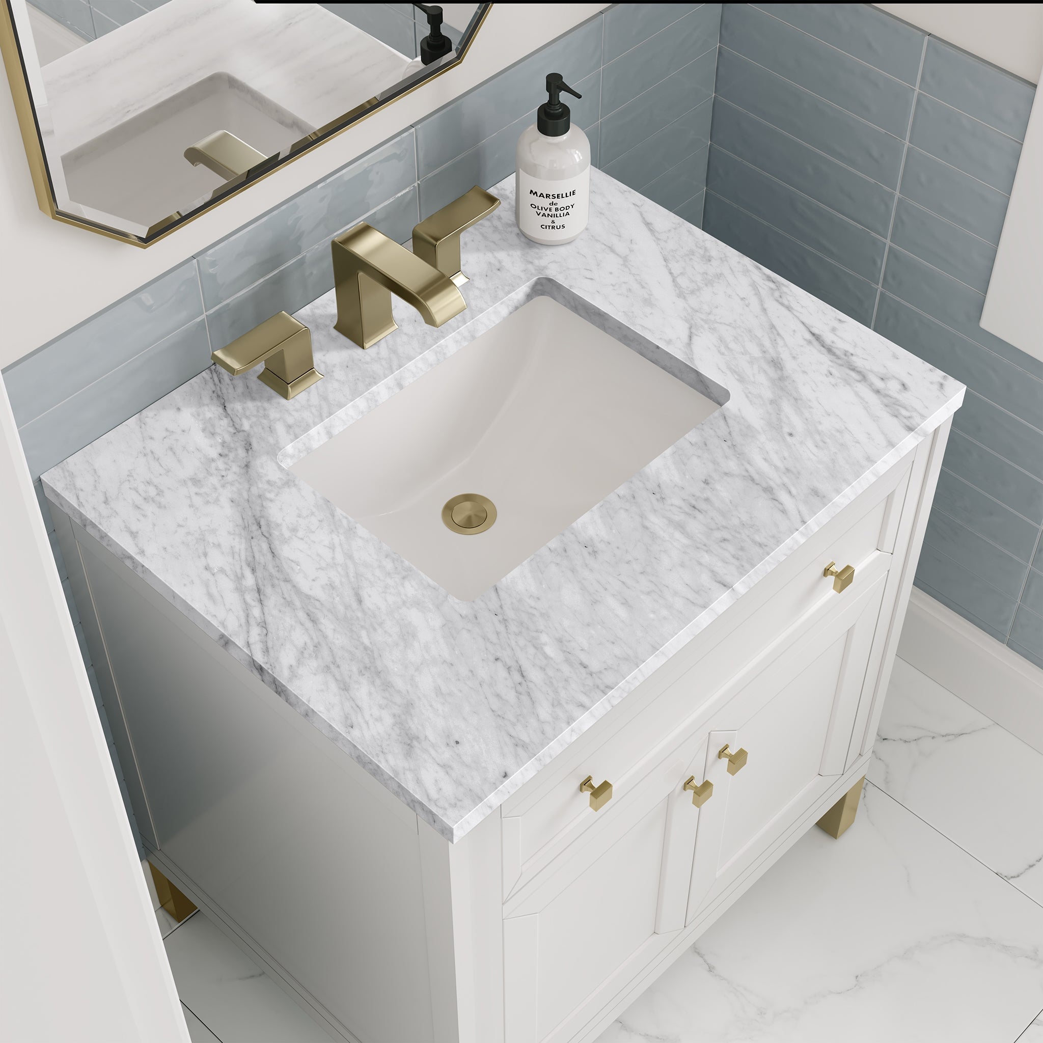 James Martin Chicago 30" Single Bathroom Vanity, Glossy White with Carrara White countertop