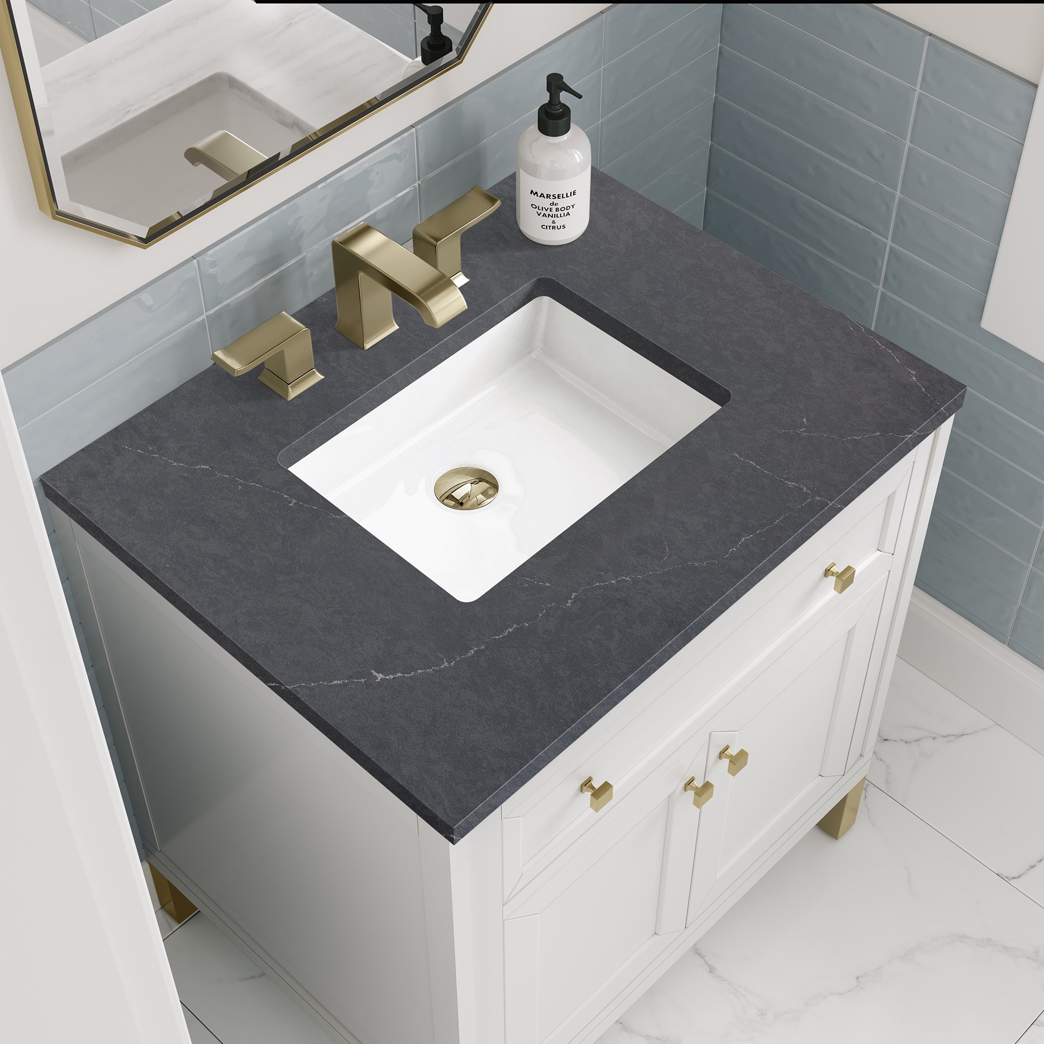 James Martin Chicago 30" Single Bathroom Vanity, Glossy White with Charcoal Soapstone countertop