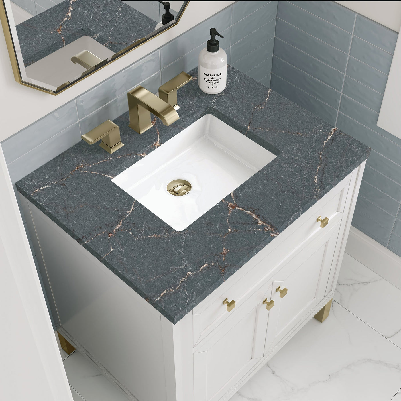 James Martin Chicago 30" Single Bathroom Vanity, Glossy White with Parisien Bleu countertop