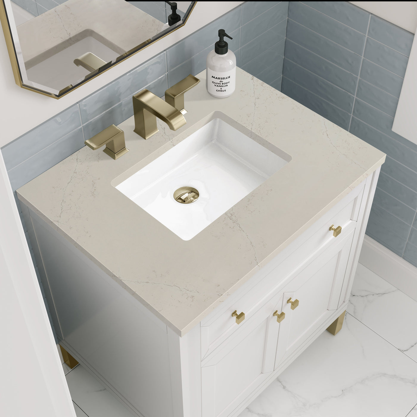 James Martin Chicago 30" Single Bathroom Vanity, Glossy White with Siberian countertop