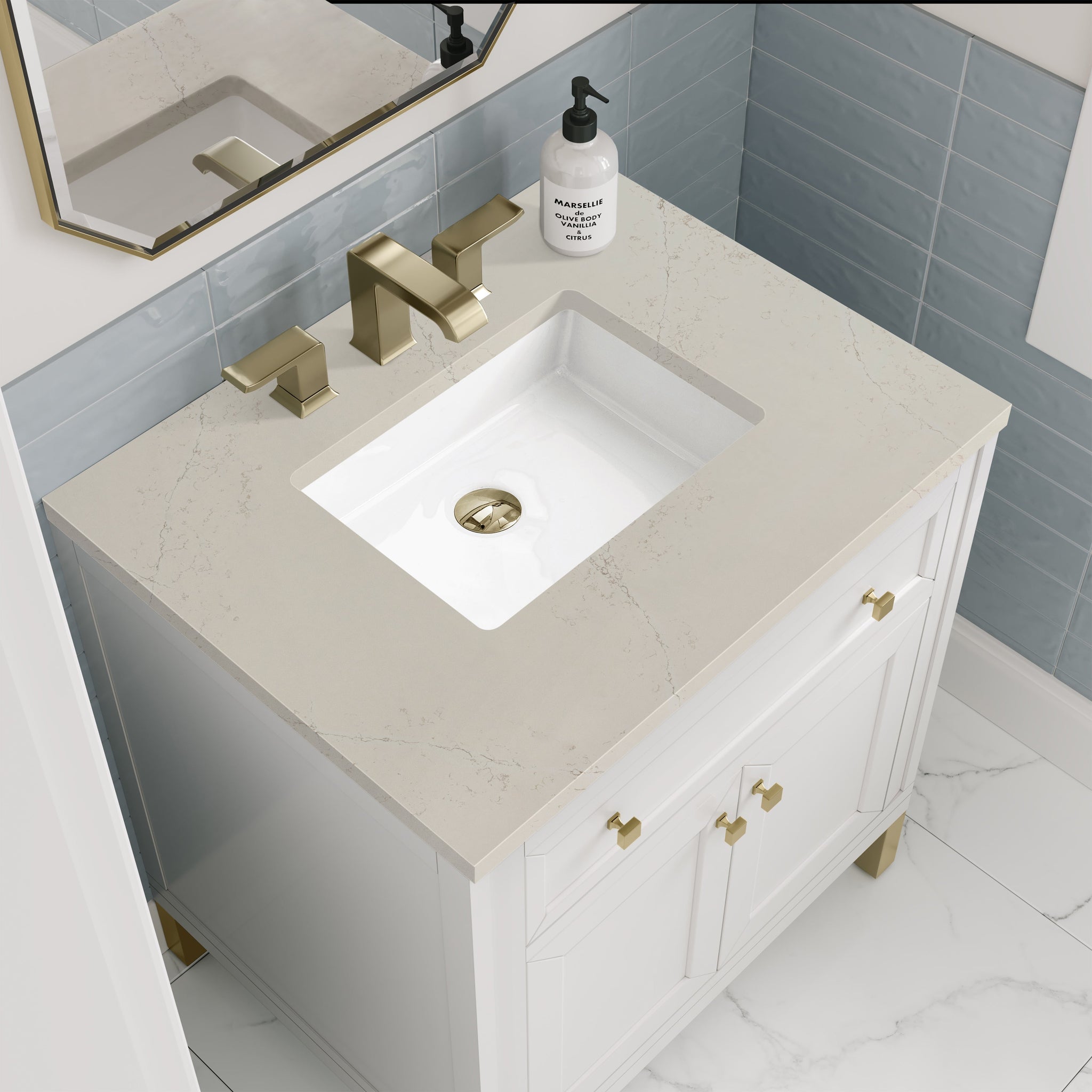 James Martin Chicago 30" Single Bathroom Vanity, Glossy White with Siberian countertop