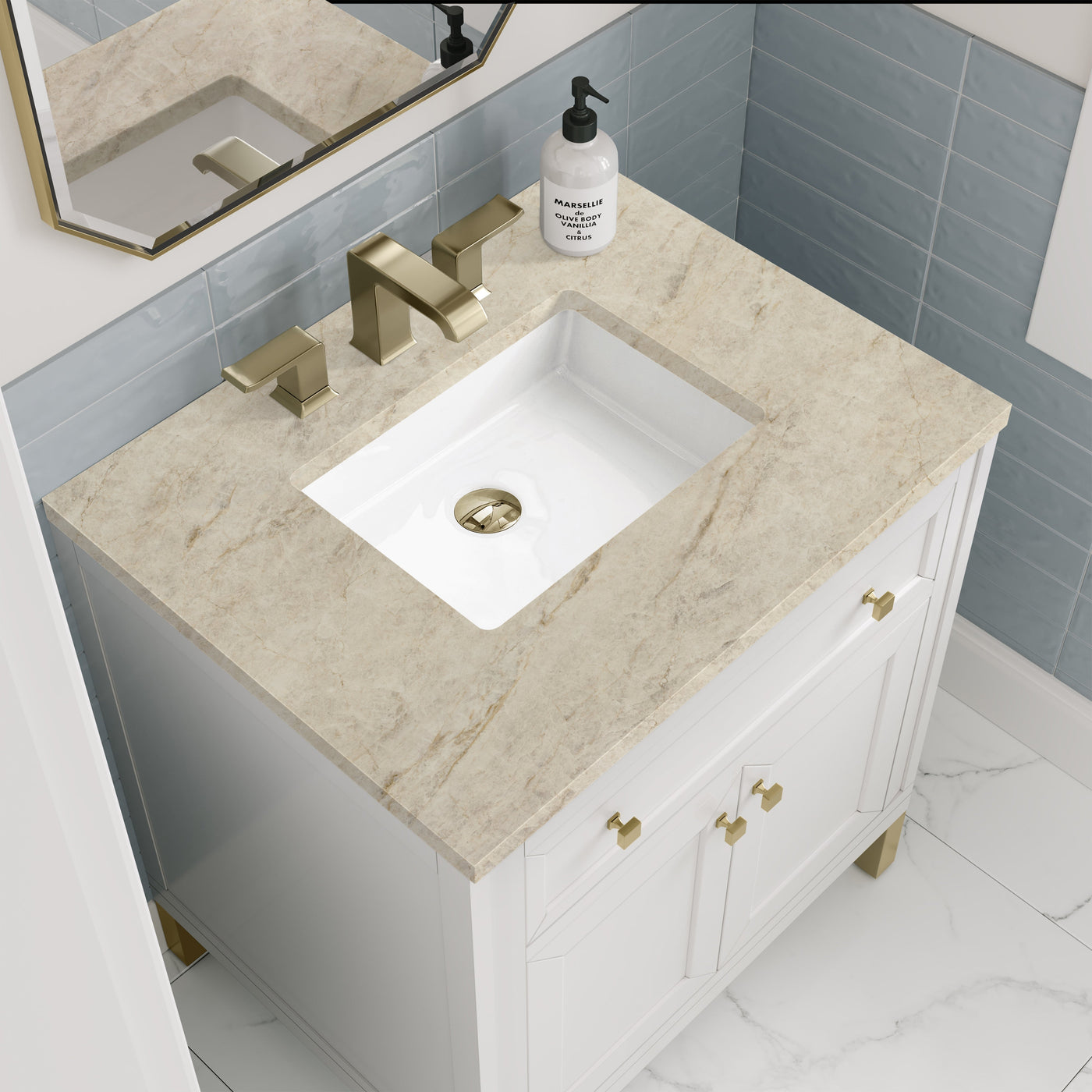 James Martin Chicago 30" Single Bathroom Vanity, Glossy White with Tajnar countertop