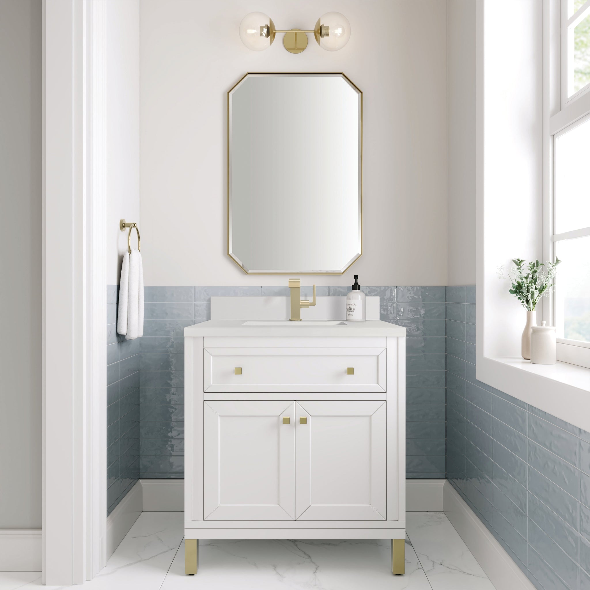 James Martin Chicago 30" Single Bathroom Vanity, Glossy White with White Zeus (Single Hole, with Backsplash) countertop