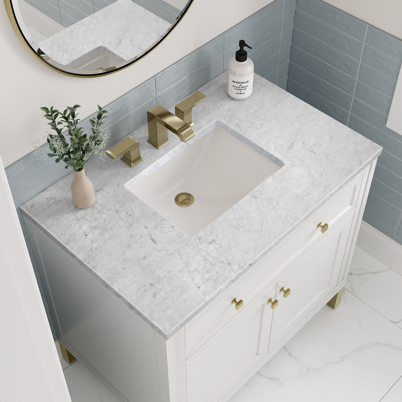 James Martin Chicago 36" Single Bathroom Vanity, Glossy White with Carrara White countertop