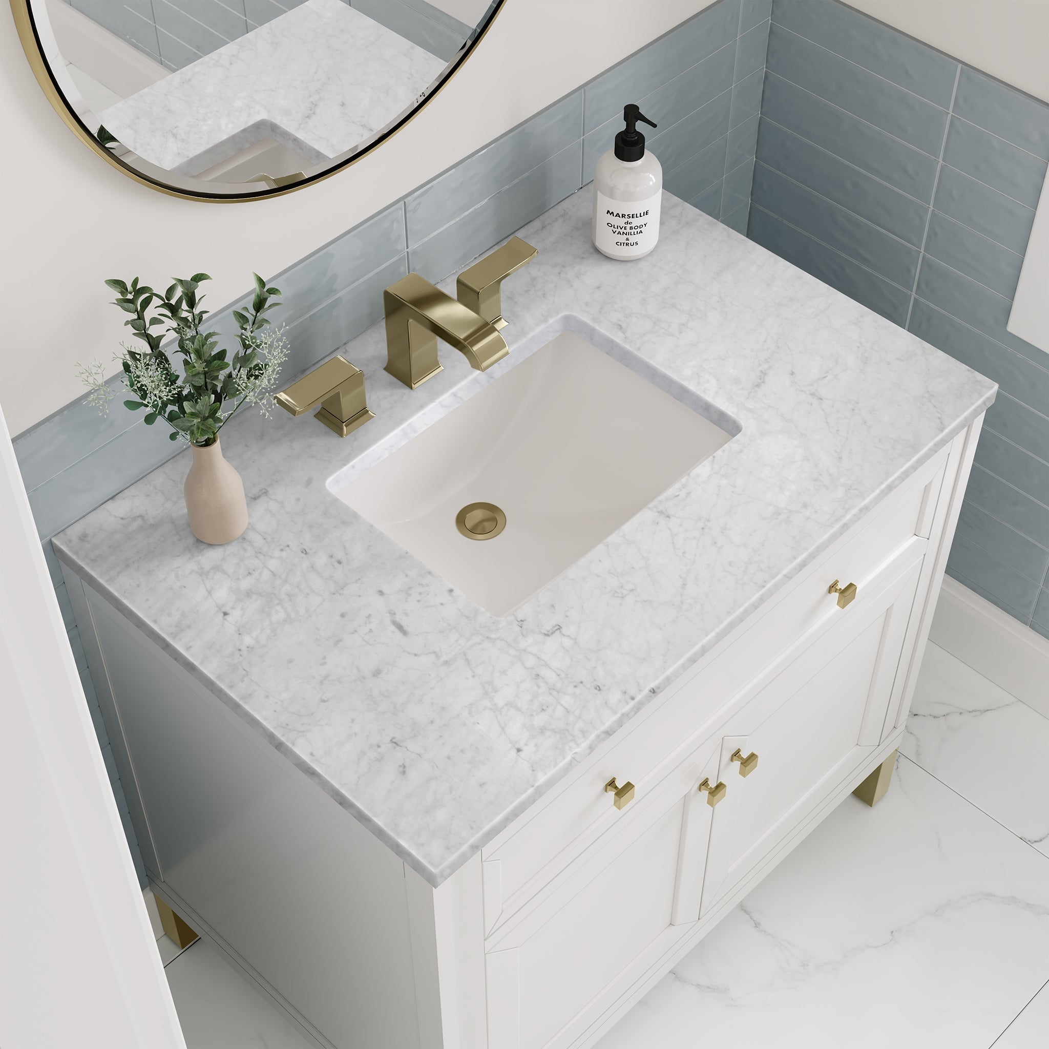 James Martin Chicago 36" Single Bathroom Vanity, Glossy White with Carrara White countertop
