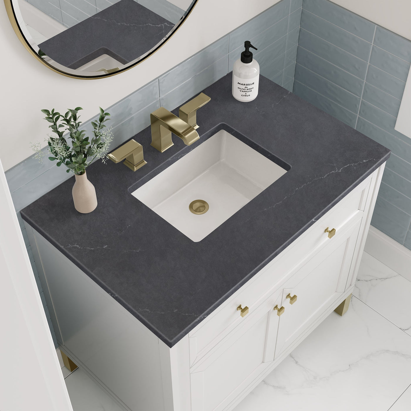 James Martin Chicago 36" Single Bathroom Vanity, Glossy White with Charcoal Soapstone countertop