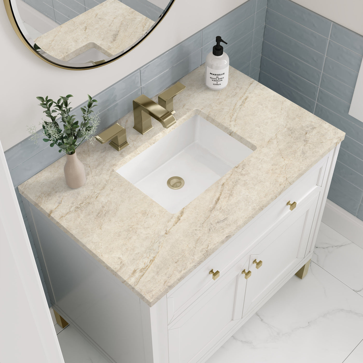 James Martin Chicago 36" Single Bathroom Vanity, Glossy White with Tajnar countertop