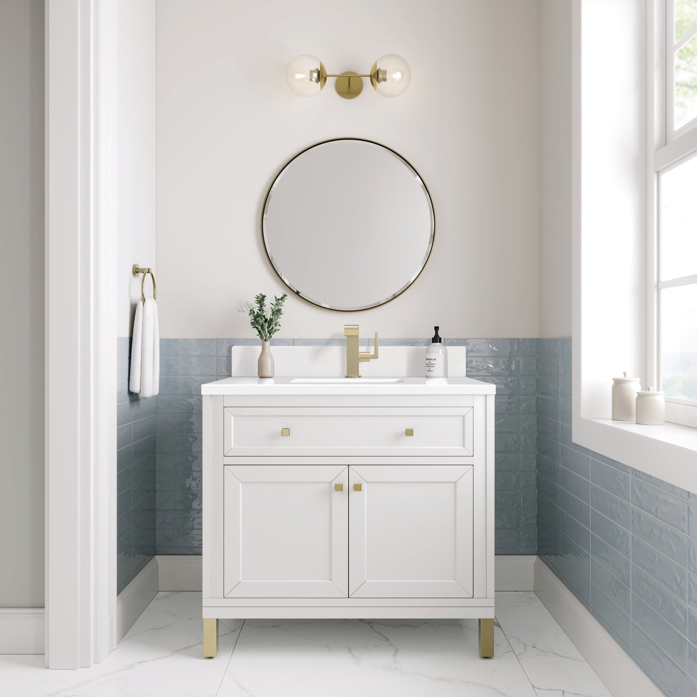 James Martin Chicago 36" Single Bathroom Vanity, Glossy White with White Zeus (Single Hole, with Backsplash) countertop