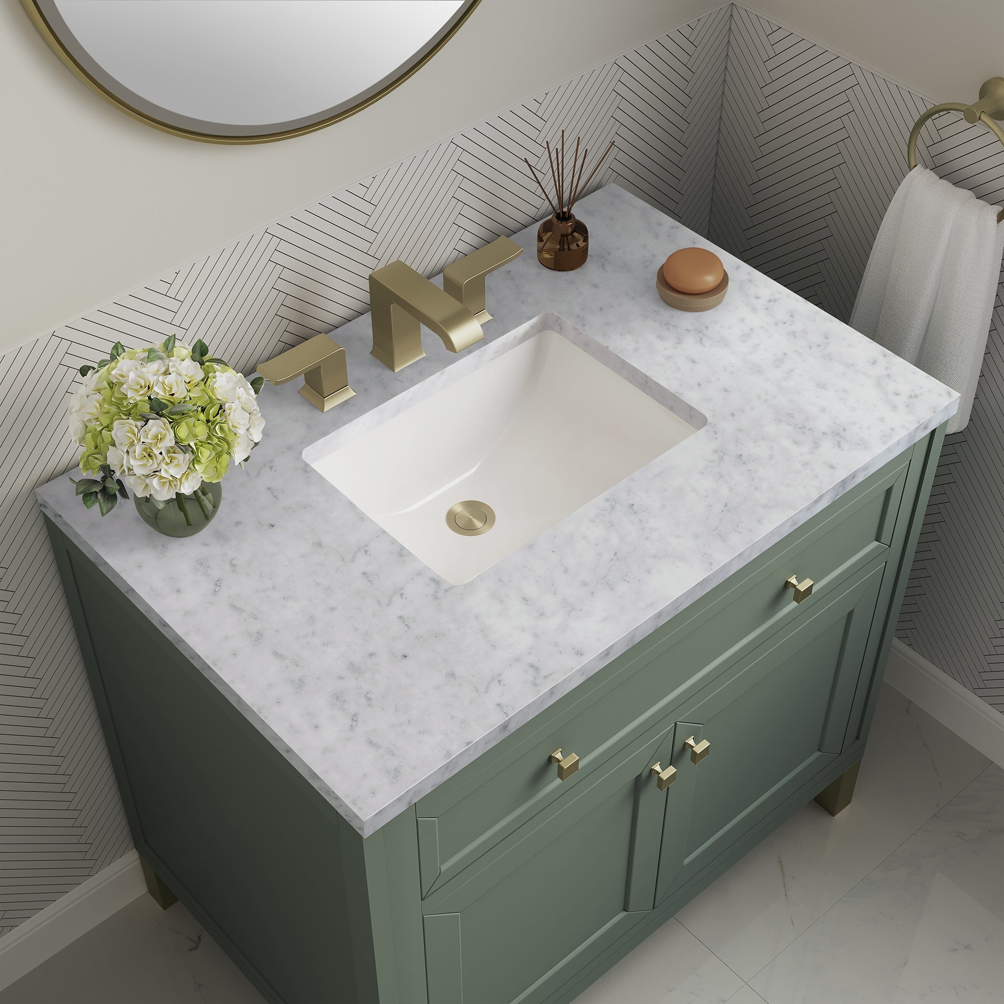 James Martin Chicago 36" Single Bathroom Vanity, Smokey Celadon with Carrara White countertop