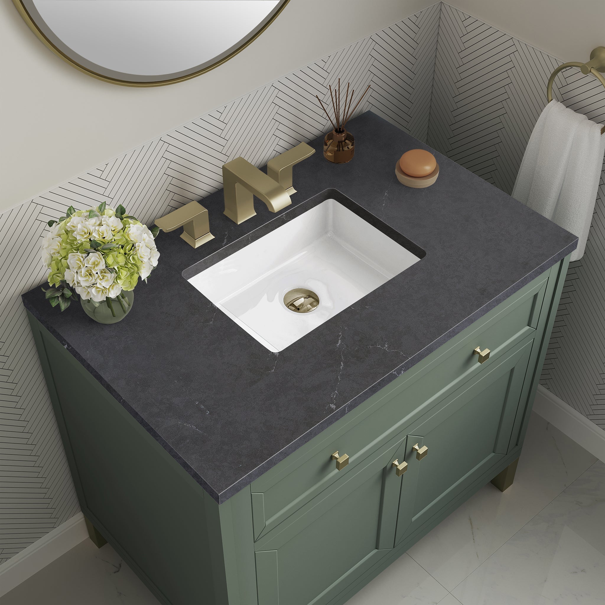 James Martin Chicago 36" Single Bathroom Vanity, Smokey Celadon with Charcoal Soapstone countertop