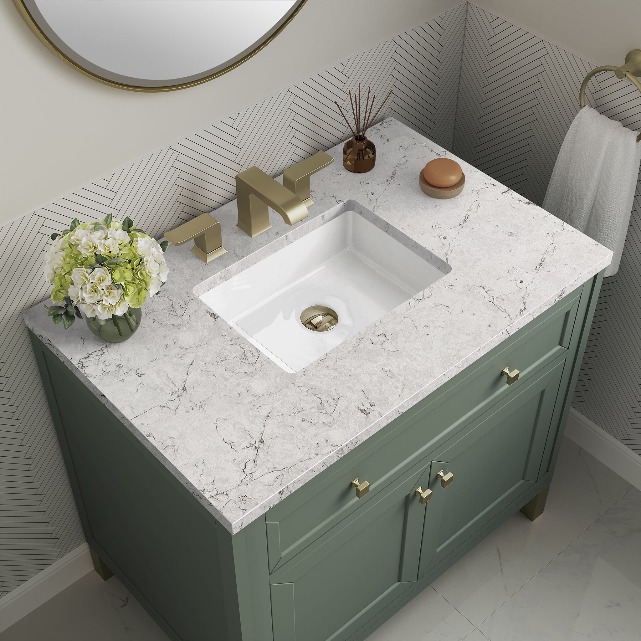 James Martin Chicago 36" Single Bathroom Vanity, Smokey Celadon with Eternal Jasmine Pearl countertop