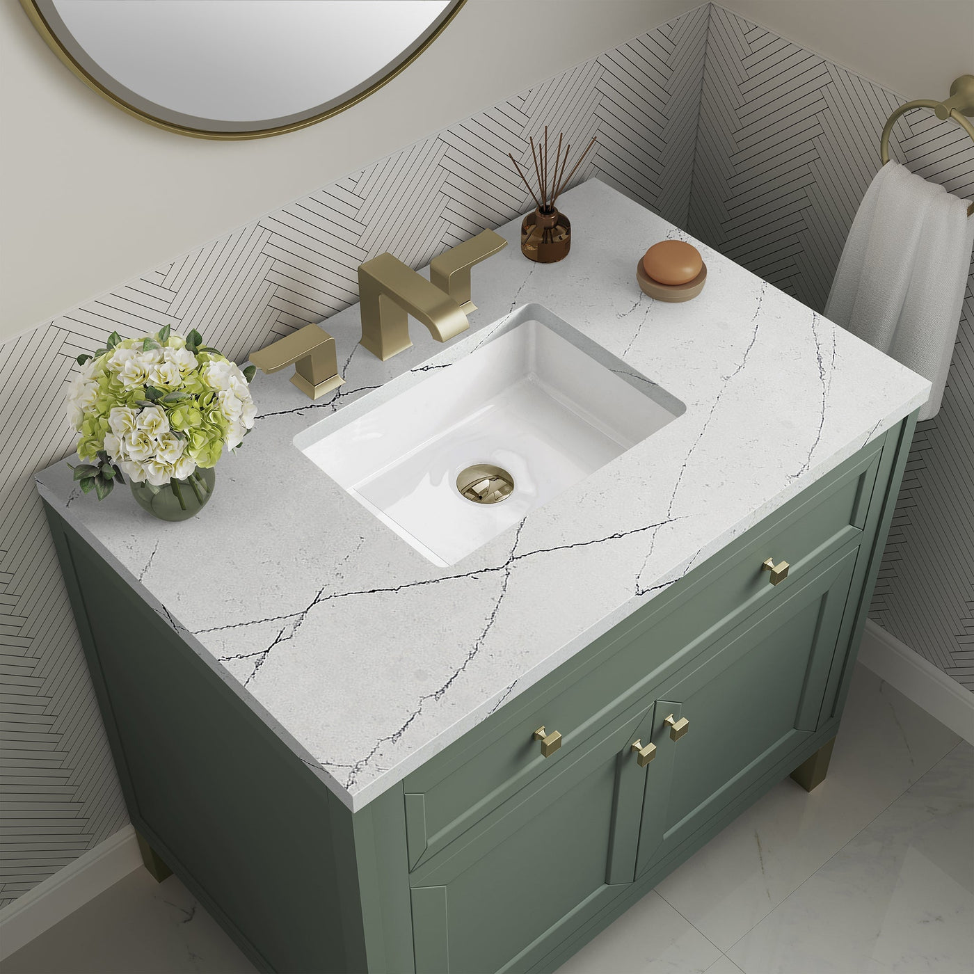James Martin Chicago 36" Single Bathroom Vanity, Smokey Celadon with Ethereal Noctis countertop
