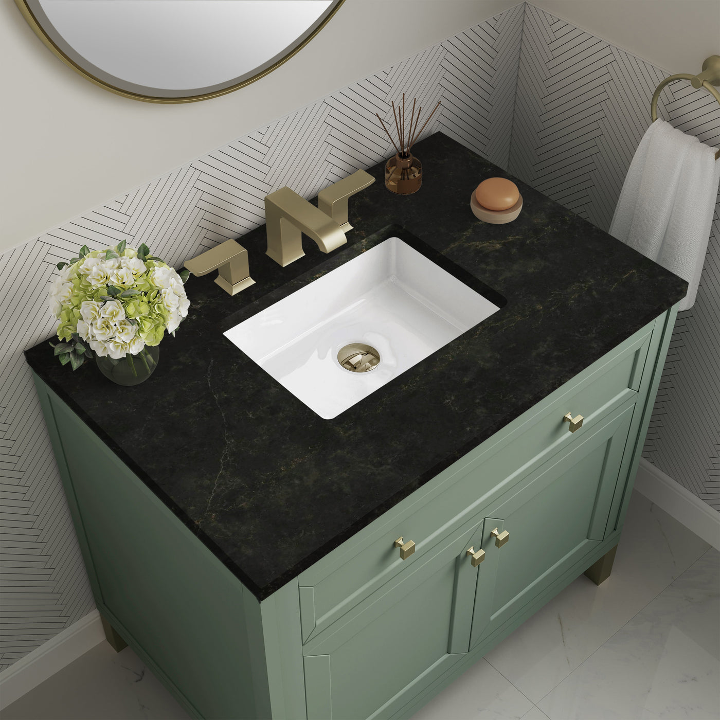 James Martin Chicago 36" Single Bathroom Vanity, Smokey Celadon with Phantome countertop