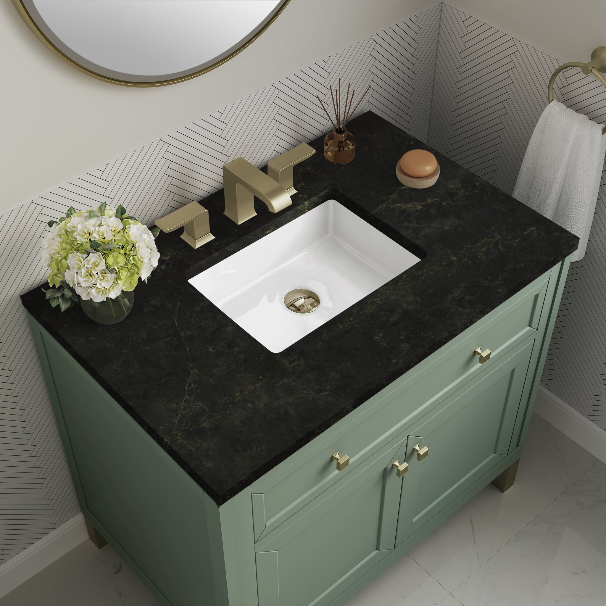 James Martin Chicago 36" Single Bathroom Vanity, Smokey Celadon with Phantome countertop