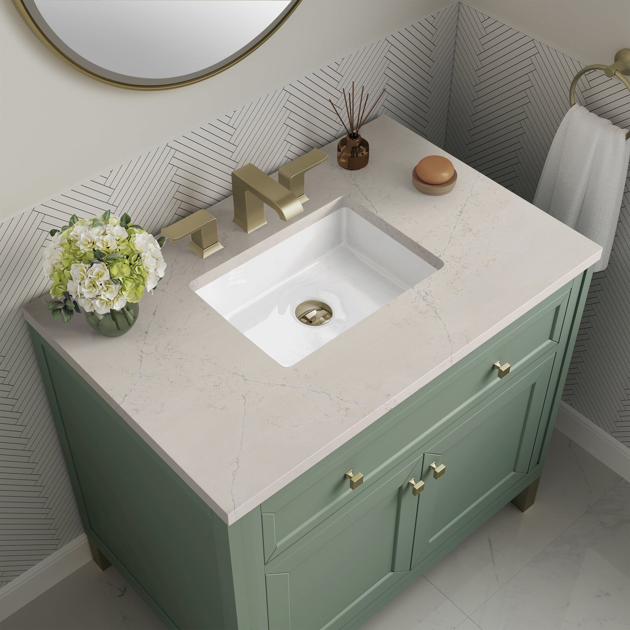 James Martin Chicago 36" Single Bathroom Vanity, Smokey Celadon with Siberian countertop
