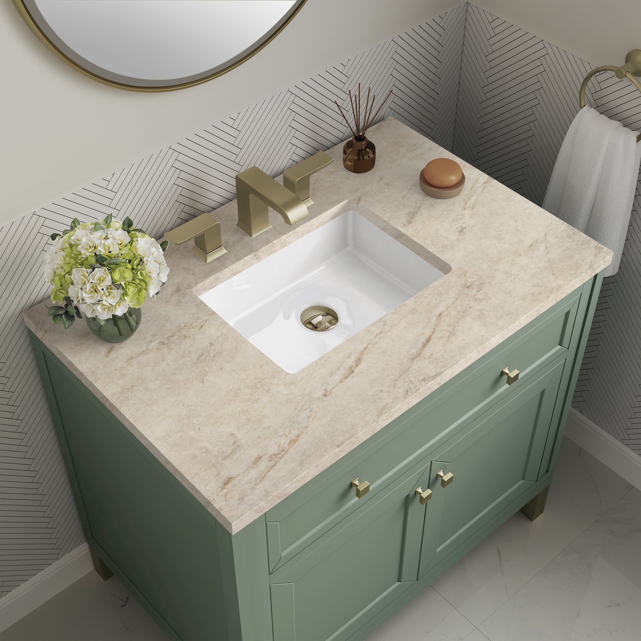 James Martin Chicago 36" Single Bathroom Vanity, Smokey Celadon with Tajnar countertop