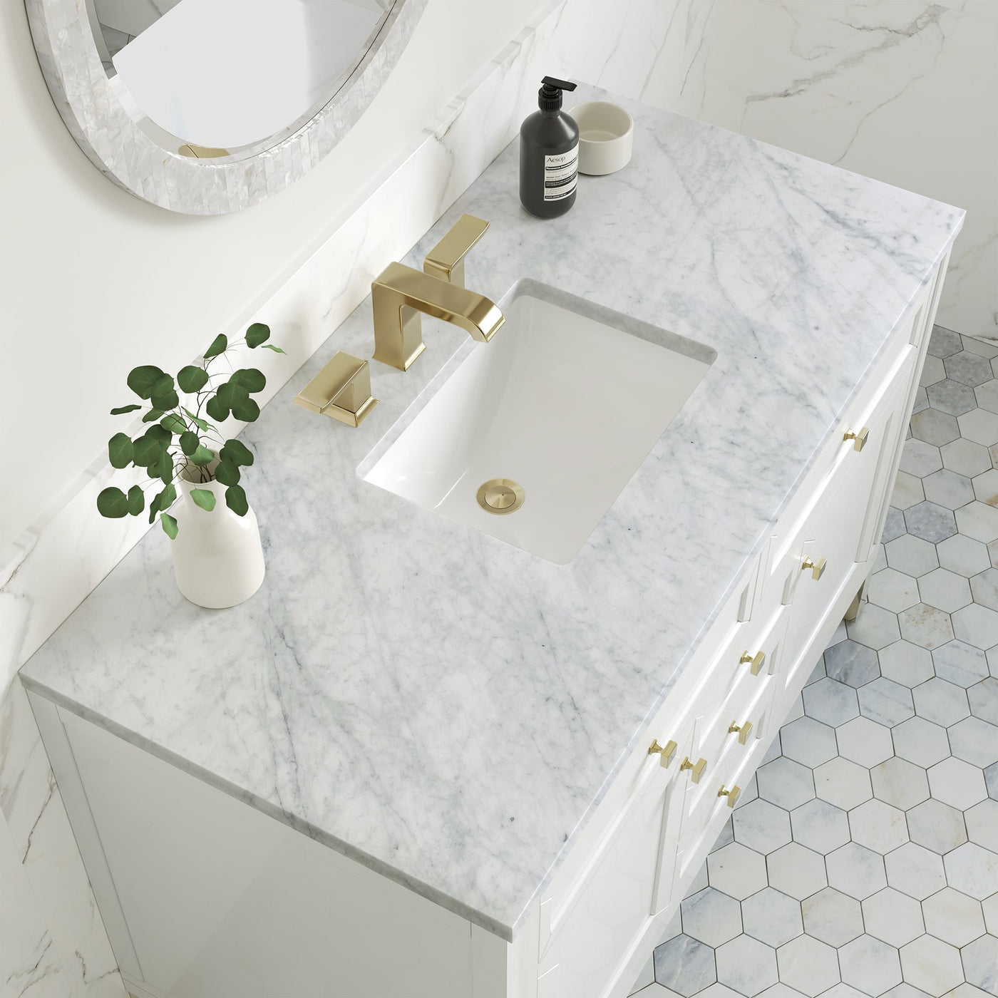 James Martin Chicago 48" Single Bathroom Vanity, Glossy White with Carrara White countertop
