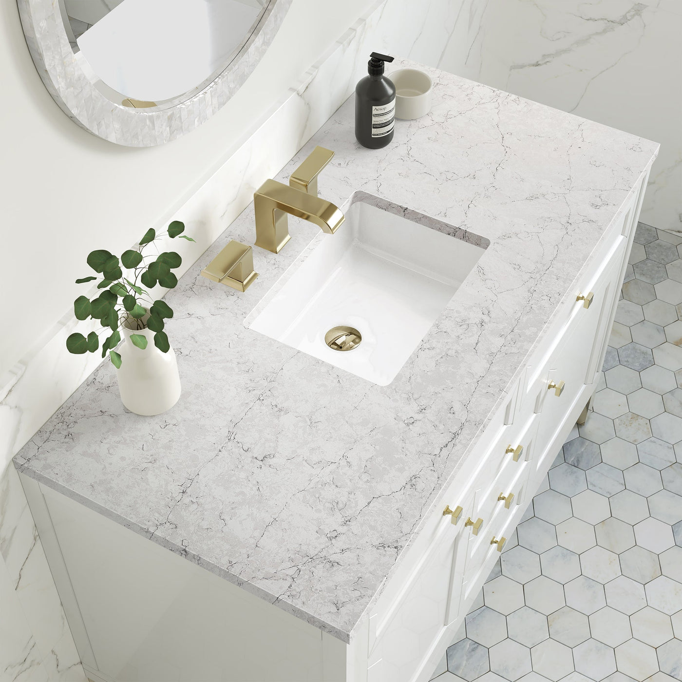James Martin Chicago 48" Single Bathroom Vanity, Glossy White with Eternal Jasmine Pearl countertop