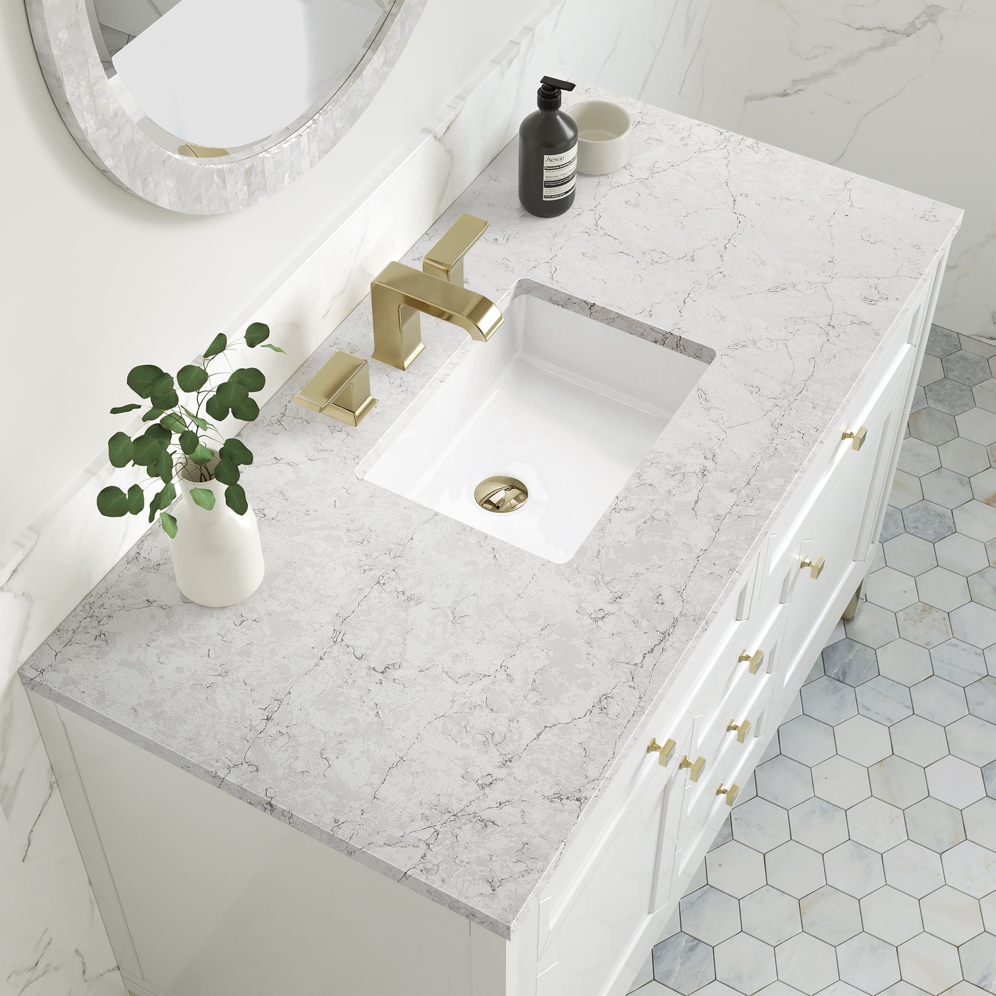 James Martin Chicago 48" Single Bathroom Vanity, Glossy White with Eternal Jasmine Pearl countertop