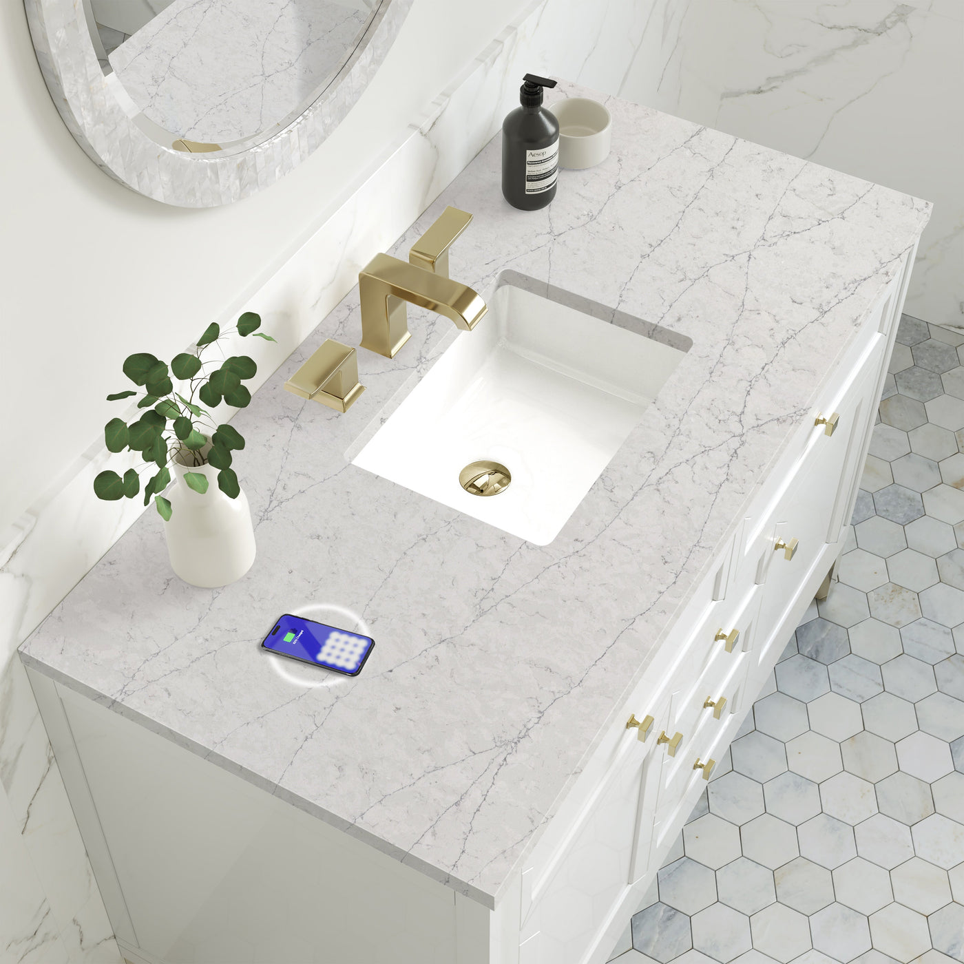 James Martin Chicago 48" Single Bathroom Vanity, Glossy White with Eternal Jasmine Pearl (FreePower) countertop