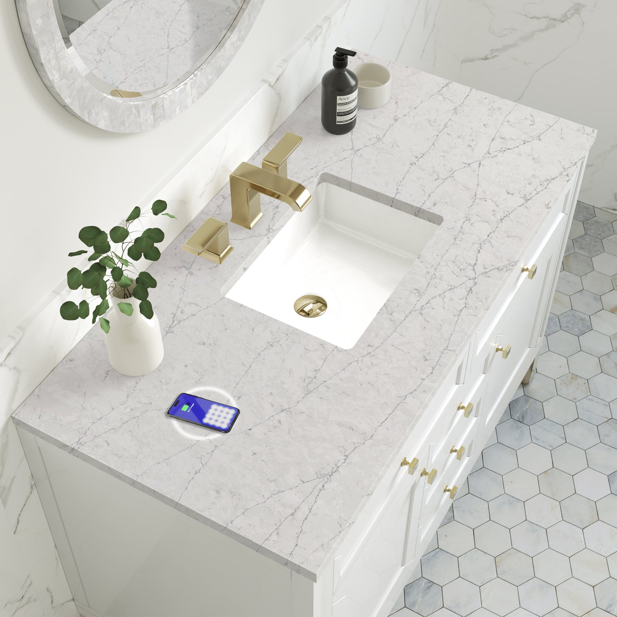 James Martin Chicago 48" Single Bathroom Vanity, Glossy White with Eternal Jasmine Pearl (FreePower) countertop