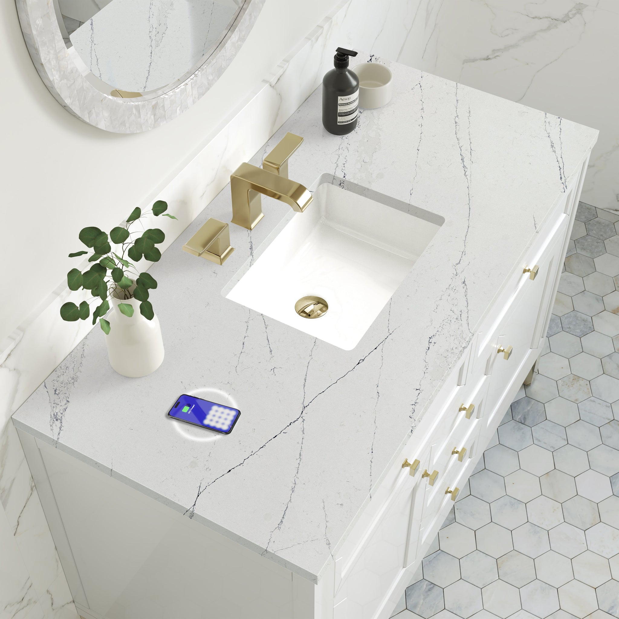 James Martin Chicago 48" Single Bathroom Vanity, Glossy White with Ethereal Noctis (FreePower) countertop