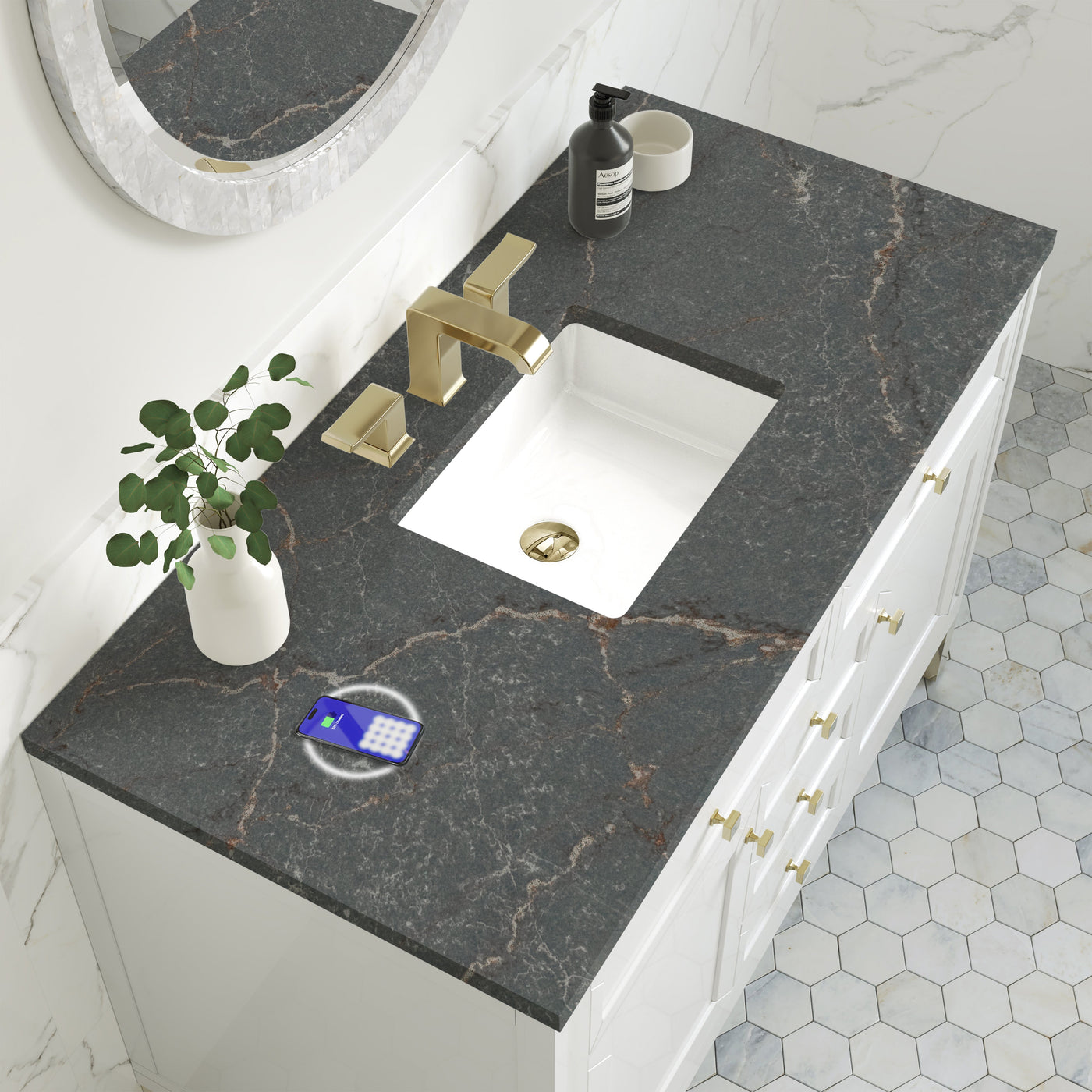 James Martin Chicago 48" Single Bathroom Vanity, Glossy White with Parisien Bleu (FreePower) countertop