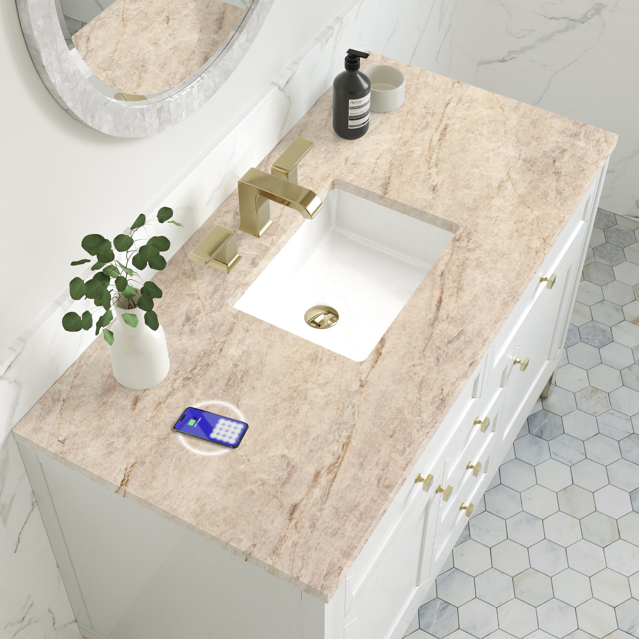James Martin Chicago 48" Single Bathroom Vanity, Glossy White with Tajnar (FreePower) countertop